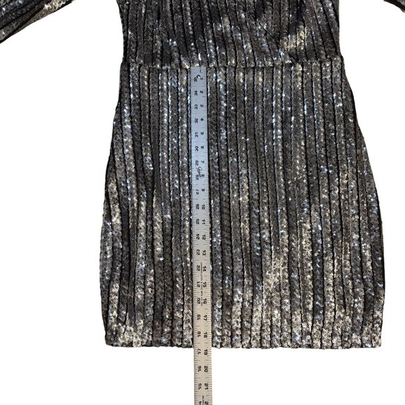Silver Sequin Long Sleeve Mini Dress With Deep V-Neck Wrap Design & Stretch Wais - Picture 5 of 12